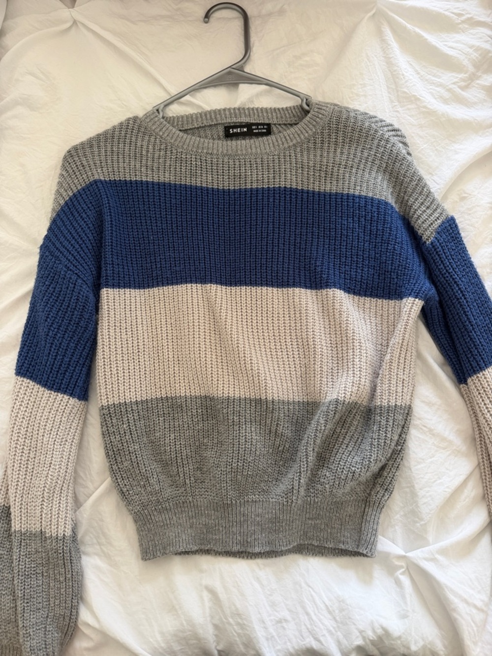 SHEIN Grey Blue Cream Striped Crewneck Sweater
